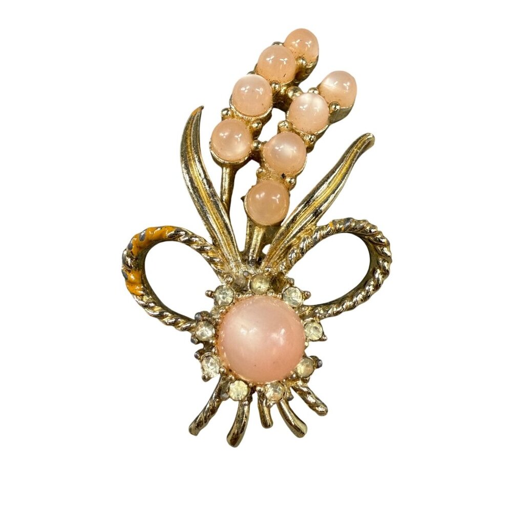 Vintage Gold-Tone Pink Floral Brooch With Rhinestone Accents For Women Some Wear
